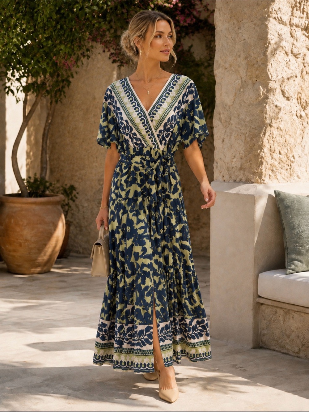 Figueroa & Flower Floral Border Print Tiered Slit Maxi Dress L
